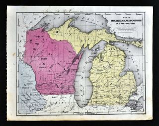 1844 Olney Atlas Map Michigan Wisconsin Lansing Madison Detroit Green Bay Iowa