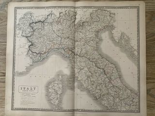 1844 North Italy Large Hand Coloured Antique Map From Johnston 