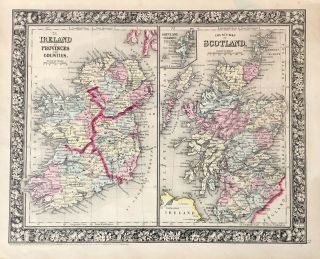 1860 Mitchell ' s Map of Ireland & Scotland hand colored 12” by 15” 2