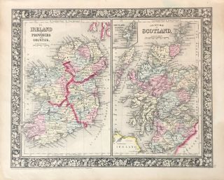 1860 Mitchell ' s Map of Ireland & Scotland hand colored 12” by 15” 3