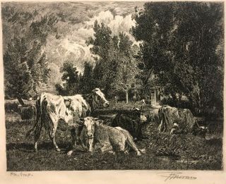 1879 Peter Moran Pencil Signed Etching Landscape & Cattle Pa Artist