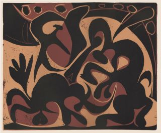 Dramatic Pablo Picasso Linoleum Block Print,  " Picador Goading Bull " Abrams,  1962