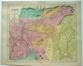 1878 Map Of Assam & Northeast India By William Hughes.  Antique