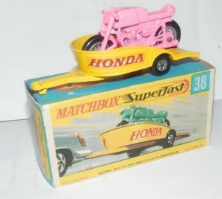 1970s,  Matchbox Superfast 38 Pink Honda Motorcycle & Trailer.