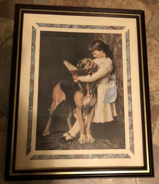 Antique Litho Print Pears Soap Advertisement Framed Girl Reading To Dog Riviere