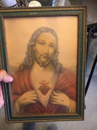 ✝antique 1920’s Framed Print Jesus Consecration Of The Sacred Heart Vintage