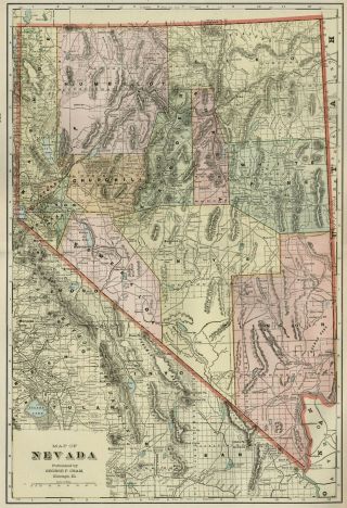 Nevada Map: Authentic 1899; Counties,  Cities,  Towns,  Railroads,  Topography