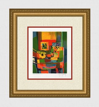 Modern Marcel Mouly Still Life With Guitar Lithograph Framed Hand Signed W/coa