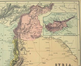 1878 Map of Syria Cyprus & The Levant by Wm Hughes.  Palestine.  Antique 2