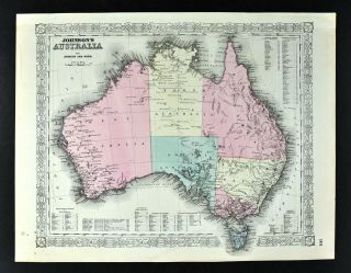 1864 Johnson Map Australia Sydney Melbourne Adelaide Perth Brisbane Antique