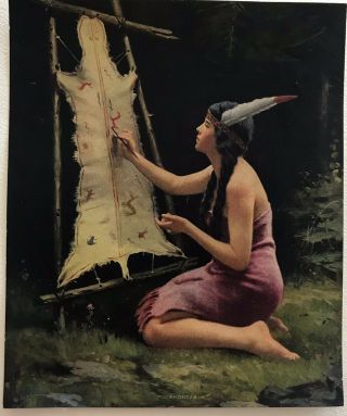 Vintage Native American Indian Maiden Litho Print Calendar Top Pocahontas Fox