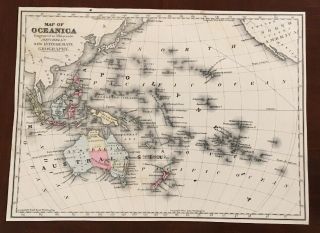 1876 Hand Colored Map Engraved Mitchells Oceanica Hawaii Australia Sandwich Nz