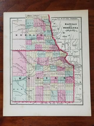 1859 Antique Hand Colored Engraved Map Of Kansas And Nebraska