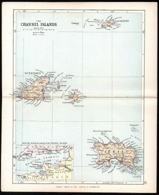 Channel Islands 1891 Guernsey - Jersey - George Philip & Son Antique Map