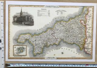 Old Victorian Map Of Cornwall,  England 1840 Pigot: Historical,  Antique: Reprint