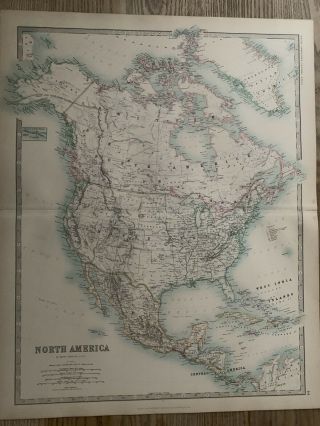 1893 North America Large Antique Map By Johnston 126 Years Old