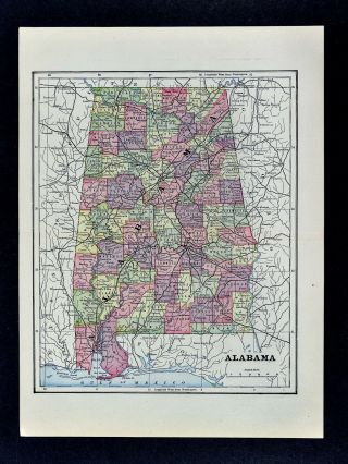 C 1900 George Cram Map - Alabama Montgomery Birmingham Mobile Selma Florence Al