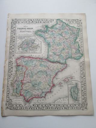 1871 Antique Map Of France,  Spain,  Portugal,  By S.  Augustus Mitchell