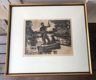 Frank Benson Framed,  Signed Sporting Art Print Of Painting Man Poling Boat,  1924