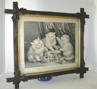 Antique Currier & Ives My Three White Kittens Lithograph Crisscross Frame 1840