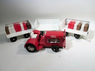 C1960 Tonka Pressed Steel Toy Airport Tug Tractor With 3 Baggage Trailers