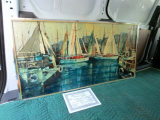 Chicago Lsd Mid Century Modern Framed Large Oil Painting Sailboats In Harbor