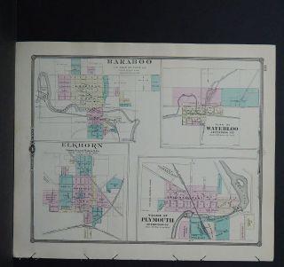 Wisconsin Map 1881 Cities Of Waterloo Plymouth Elkhorn & Baraboo Reverse L23 51