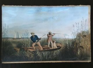 Currier And Ives Lithograph - Duck Hunting? - Very Old 13 X 20.