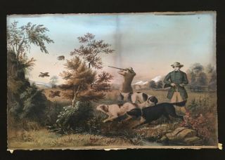 Currier And Ives Lithograph - Quail Shooting - Very Old 13 X 20.