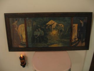 Antique Triple Yard Long Wood Framed Print Of Lady And Man Courting