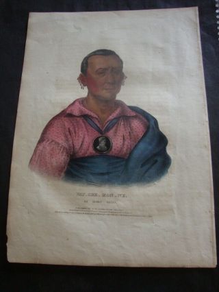 Rare 1836 Mckenney & Hall Hand Colored Folio Print: Wat - Che - Mon - Ne