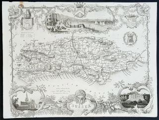 1836 Thomas Moule Antique Map Of Sussex,  England - W/ Inset View Of Brighton