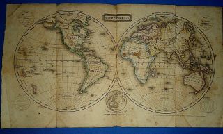 Antique 1822 East - West World Hemispheres Map Old Vintage Atlas Map