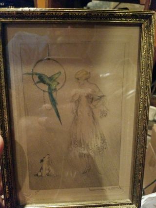 Louis Icart Etching Hand Signed And Numbered 37,  Framed,  Dog,  Blue Parrot.