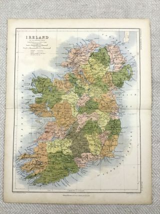 1866 Antique Map Of Ireland Eire Irish County Old 19th Century