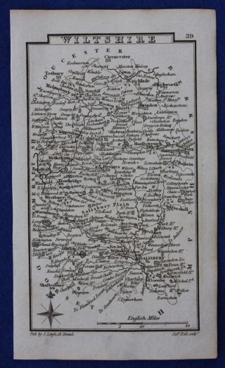 Antique Miniature County Map Wiltshire,  Samuel Leigh,  1820 - 31