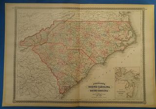 Vintage 1885 North & South Carolina Map Old Antique Johnson 