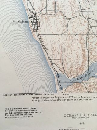 Large Vintage 1898 (1955 reprint) Map of Oceanside,  CA USGS Topo map (17 x 21) 4