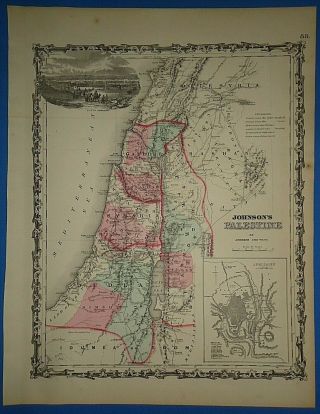 Vintage 1862 Palestine Map Old Antique Johnson 