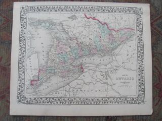 Vintage 1872 Mitchell Hand Colored Map Of Ontario.