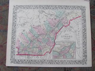 Vintage 1872 Mitchell Hand Colored Map Of Nova Scotia & Quebec.