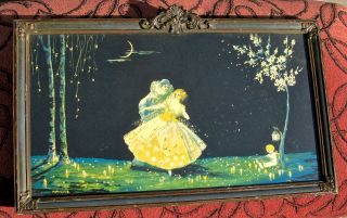 1920s Art Deco Marygold Colored Litho Print Dancing Couple & Angel