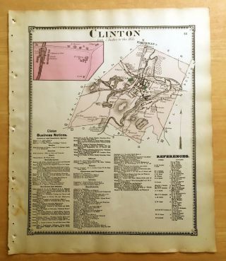 1870 Map Clinton,  Ma Massachusetts Beers Antique Hand - Colored