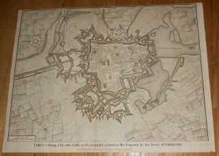 1745 Antique Map Of Ypres Belgium West Flanders City Plan Fortifications