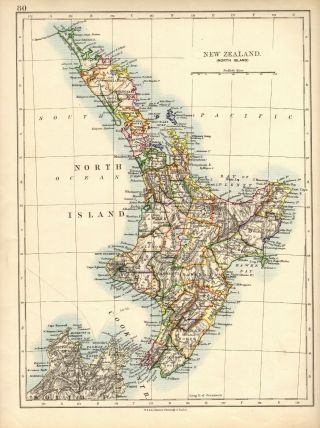 Antique Map Zealand North Island W.  & A.  K.  Johnston 1897 120,  Years Old
