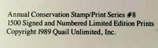 1989 Quail Unlimited Stamp & Print Bracketted by Herb Booth 801/1500 Signed 7