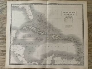 1844 West Indies Large Hand Coloured Antique Map From Johnston 