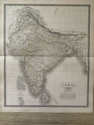 1844 India Large Hand Coloured Antique Map From Johnston 