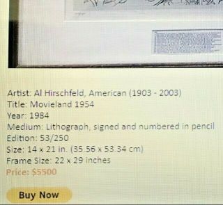 FANTASTIC SIGNED AL HIRSCHFELD MOVIELAND 1954 LITHOGRAPH - OVER 70 ACTORS TOTAL 12