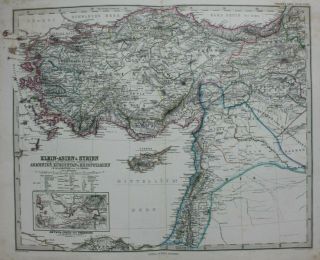 Antique Map Middle East,  Turkey,  Cyprus,  Syria,  Armenia,  Stieler,  1886